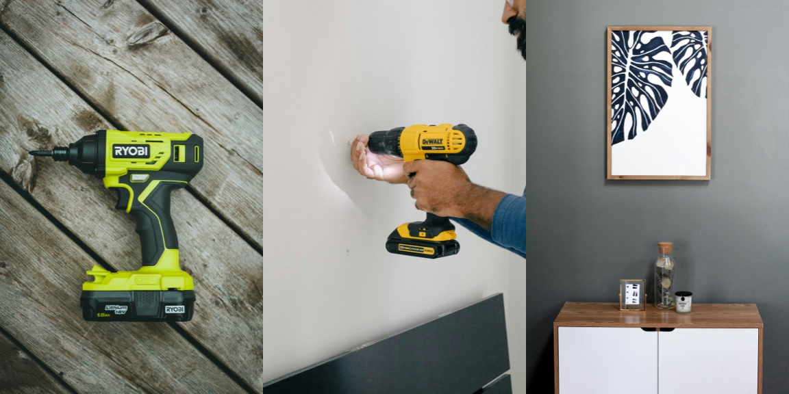 A collage of images with a drill on a table, a person using a drill, and a picture hanging on a wall
