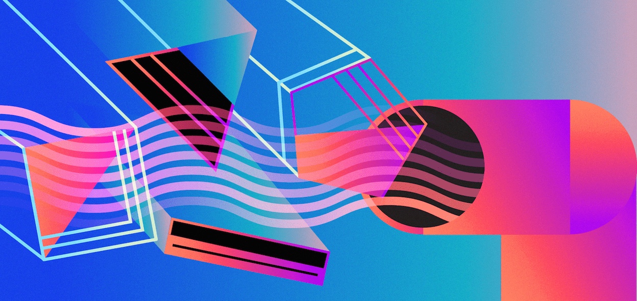 An illustration of raining shapes flowing into an open pipe