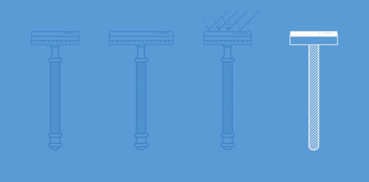 Four razors, one with simplest handle and blade highlighted