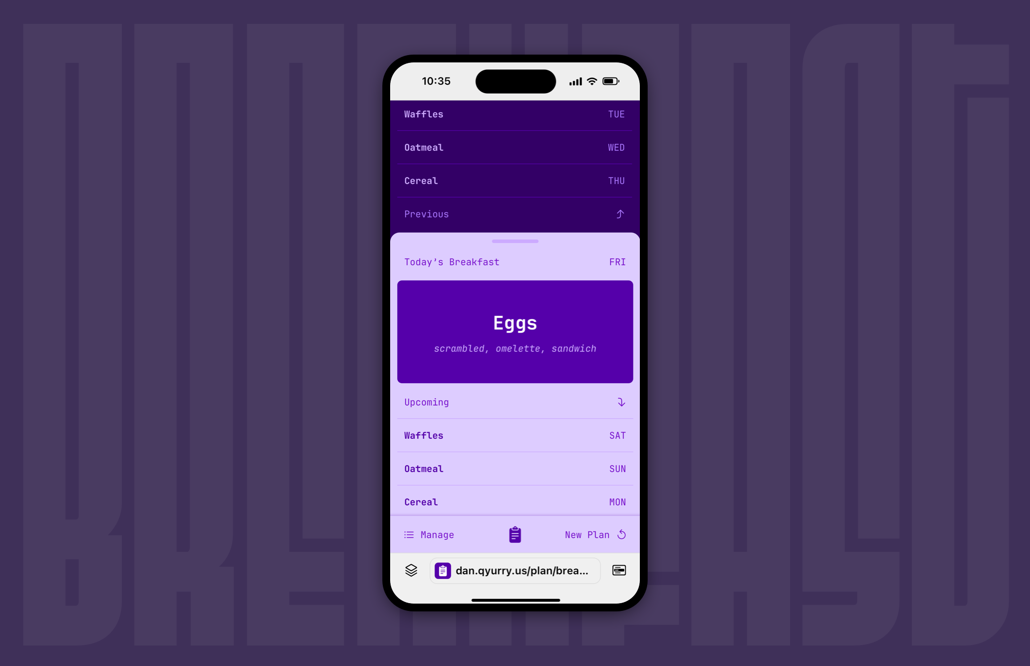 An iPhone with a browser showing a meal planning website showing eggs as today's choice.