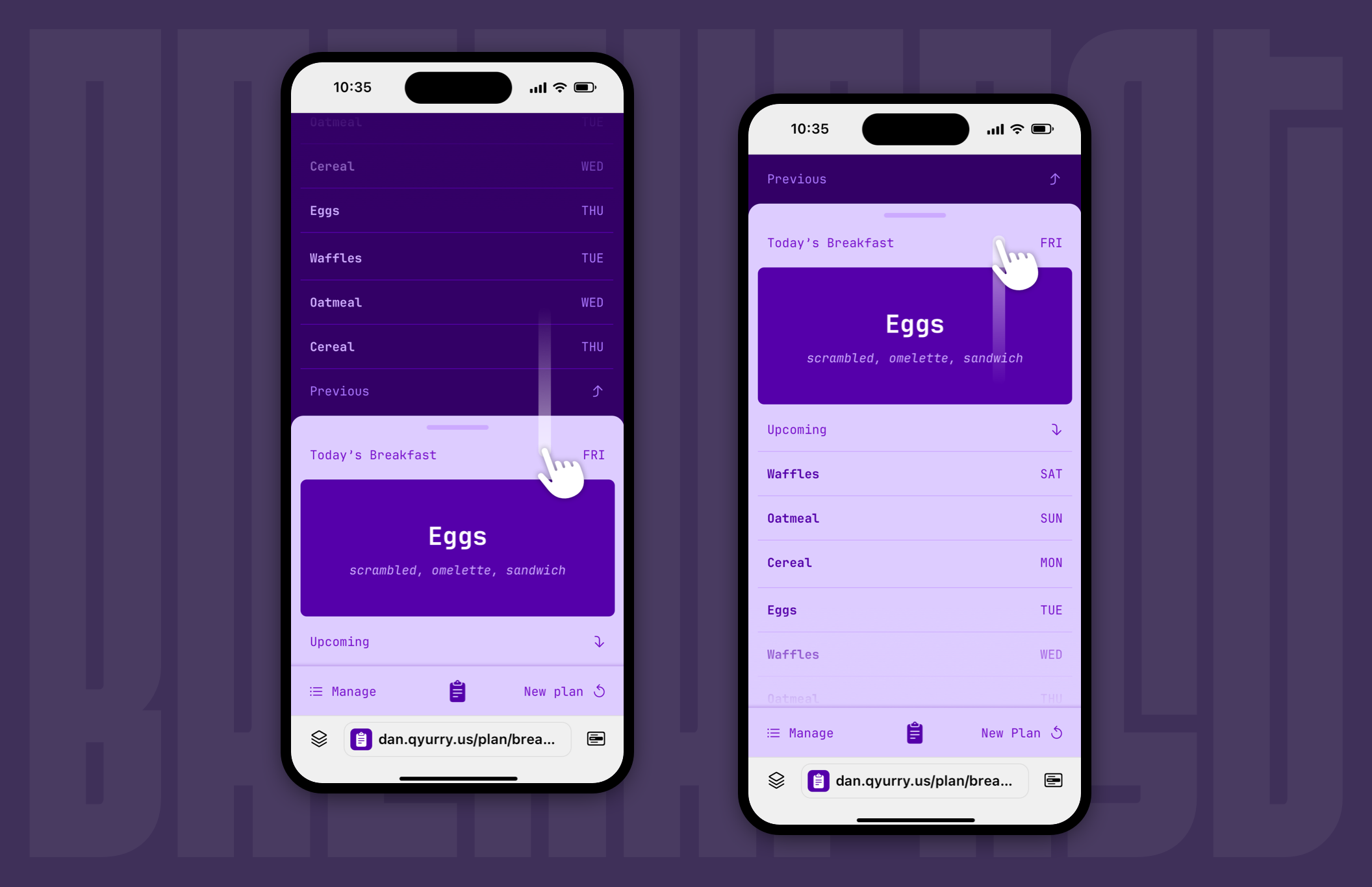 Two iPhones with the same visible browser and website screen showing one swiping up and one swiping down.